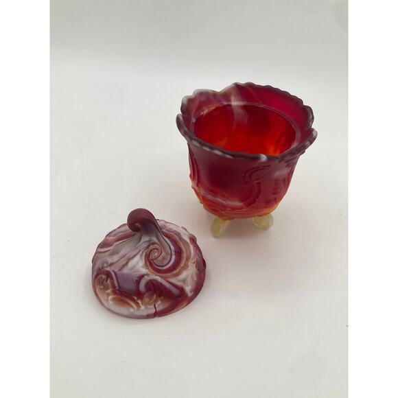 Vintage Red & White Slag Glass Covered Dish Candy Jar on Tripod Feet - Picture 4 of 10